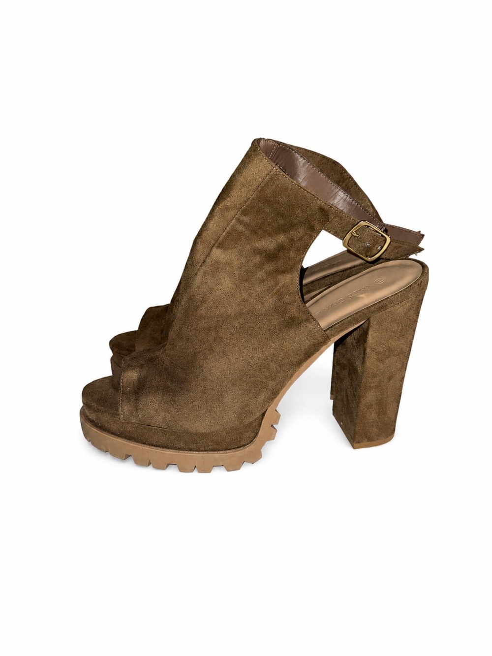 Wild Diva Tan Suede Platform Peep-Toe Block Heels